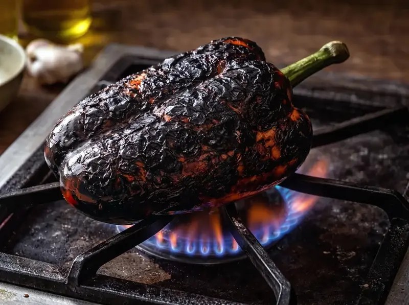 Pimiento rojo entero quemándose sobre el quemador de gas para el chimichurri rojo