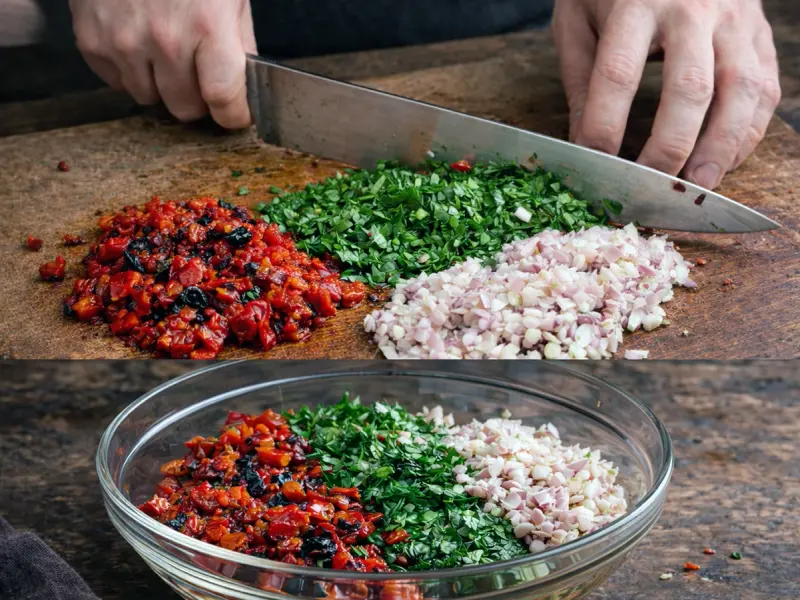 Roasted pepper, parsley, garlic and shallot chopped fine on the board