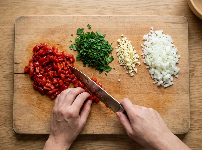 Roasted red pepper diced with a knife on a board beside chopped parsley, garlic and onion for chimichurri rojo
