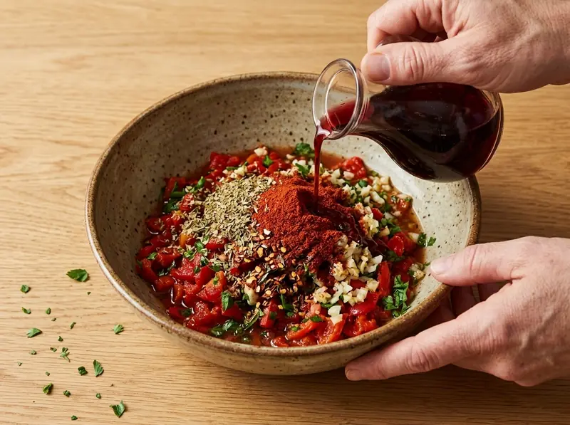 Red wine vinegar poured over chopped red pepper, paprika, oregano and chili flakes in a bowl for chimichurri rojo