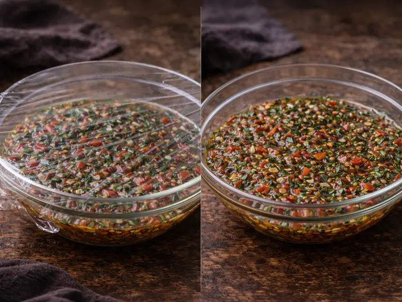 Chimichurri rojo rested at room temperature, the garlic mellowed and oil settled