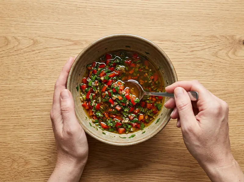 Chimichurri rojo terminado, removido con cuchara en un bol: pimiento rojo y perejil picados en aceite de oliva teñido de rojo