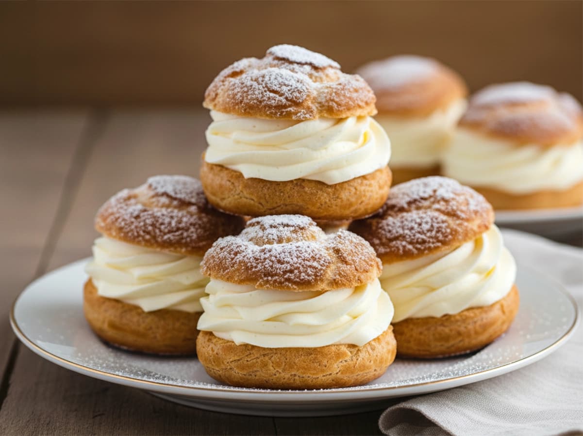 Choux Puffs (Shu) with Pastry Cream with wheat flour, eggs and butter — France recipe