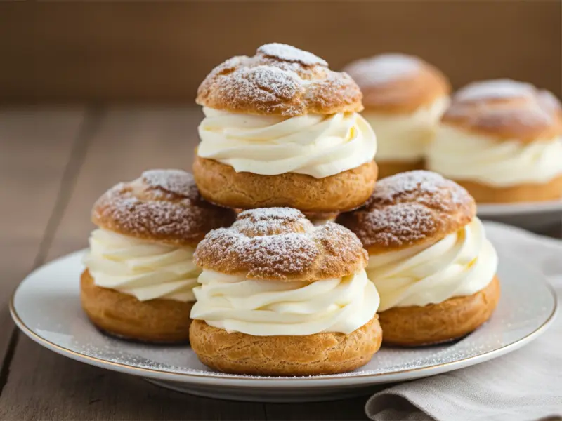 Choux Puffs (Shu) with Pastry Cream with wheat flour, eggs and butter — France recipe