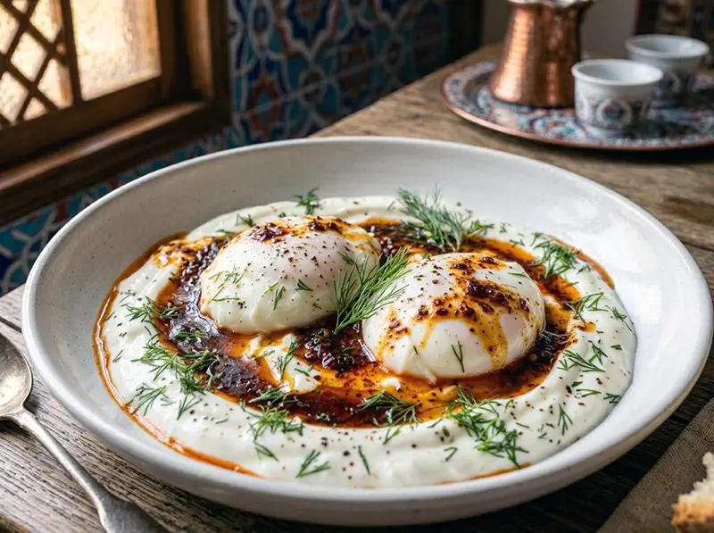 Çılbır (Turkish Eggs) with eggs, Greek yogurt and butter — Turkey recipe
