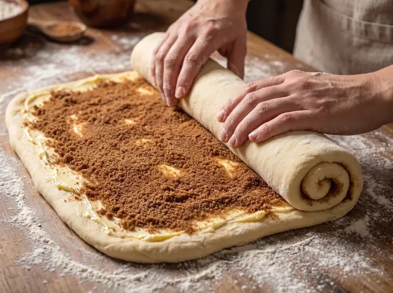 Cinnamon rolls: a rectangle of dough spread with soft butter and cinnamon sugar, hands rolling it into a tight log