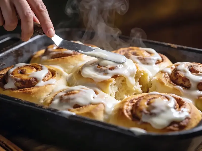 Cinnamon rolls frosted: thick cream cheese icing spread over warm pale-golden rolls in the baking dish
