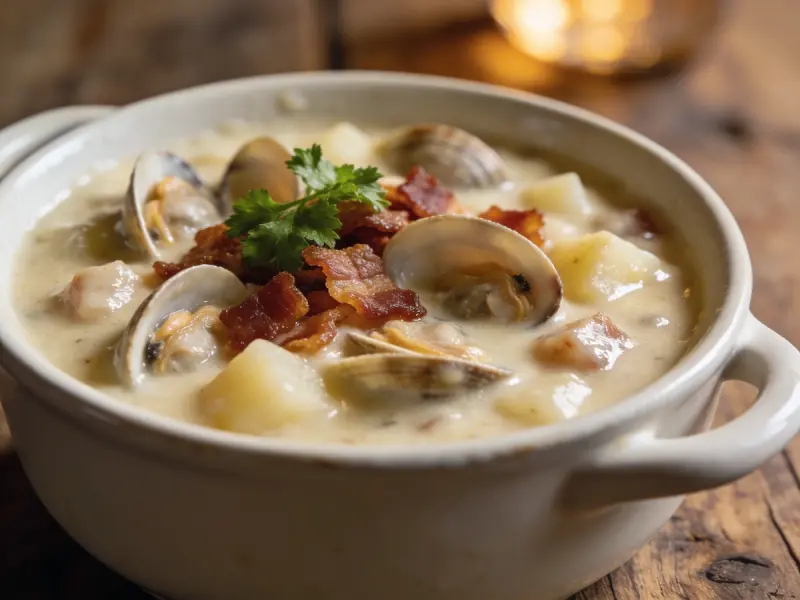 New England Clam Chowder with clams, bacon and potato — USA recipe