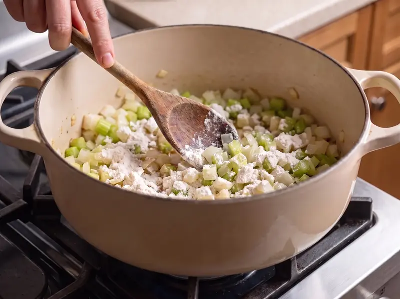 Wooden spoon stirring flour into softened onion and celery in the cream pot, building the clam chowder roux