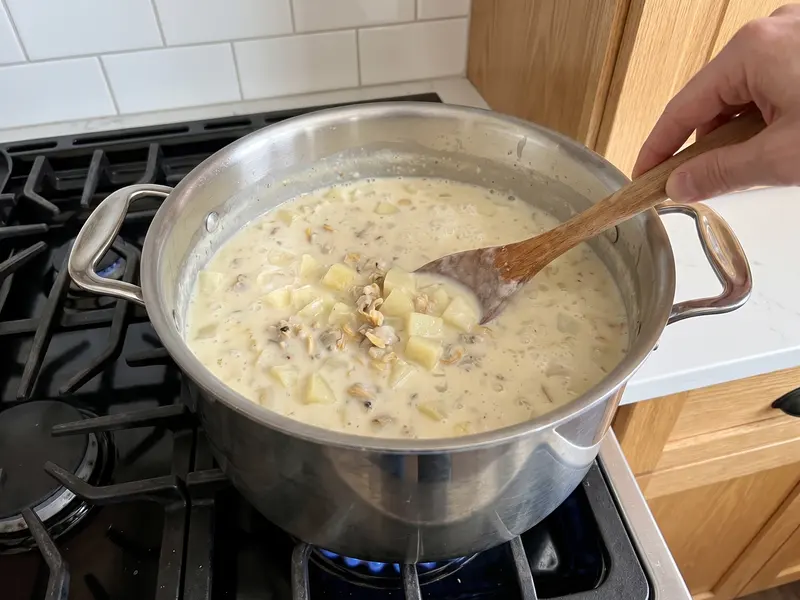 Chopped clams stirred into creamy chowder with potatoes in a steel pot on a low gas flame