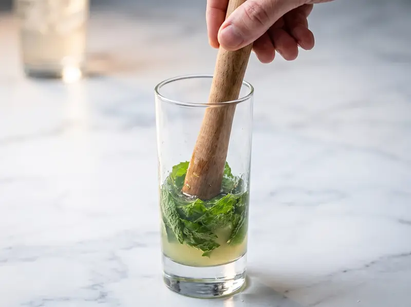 Mint leaves muddled with lime juice and syrup in the bottom of a highball glass