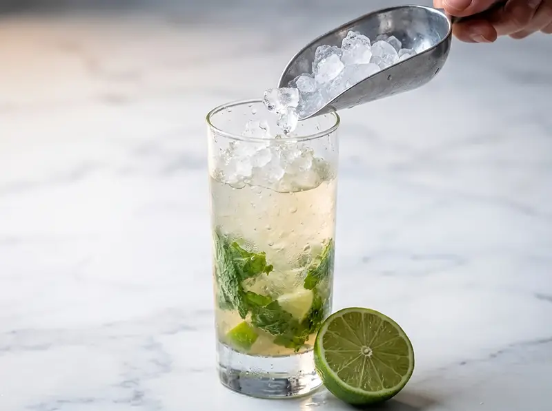 Crushed ice scooped into the mojito glass over the muddled mint