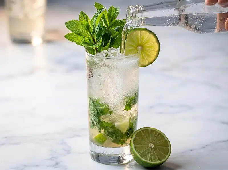 Club soda poured down the side of the mojito glass, mint sprig and lime wheel on the rim