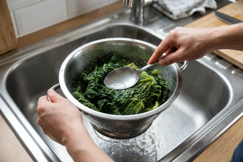 Colcannon: boiled savoy cabbage drained in a metal colander in the sink, pressed with the back of a spoon