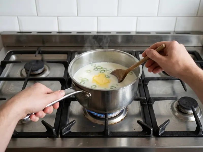 Colcannon: milk, butter and spring onion rings warming in a saucepan on a gas hob, stirred with a wooden spoon
