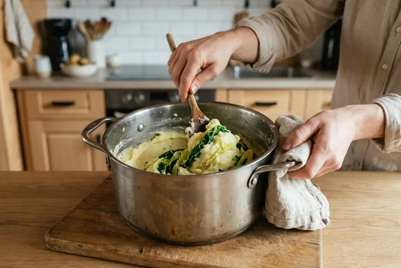 Colcannon: a wooden spoon folding savoy cabbage into smooth mashed potato in a large pot held with a towel