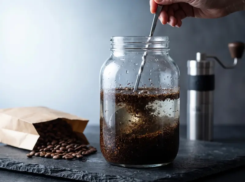 Cold brew: caffè macinato grosso e acqua fredda in un grande barattolo, mescolati con un cucchiaio lungo