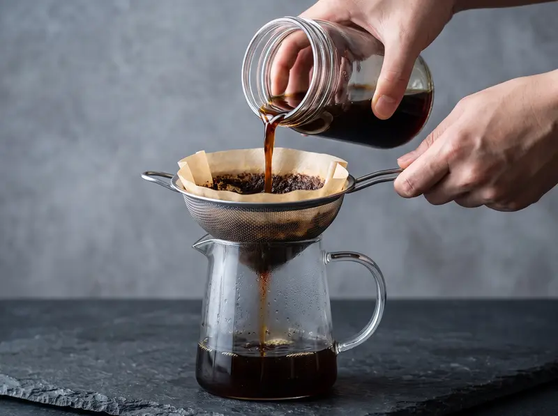 Filtraggio del cold brew: il caffè scuro passa lentamente da un filtro di carta nel colino in una caraffa