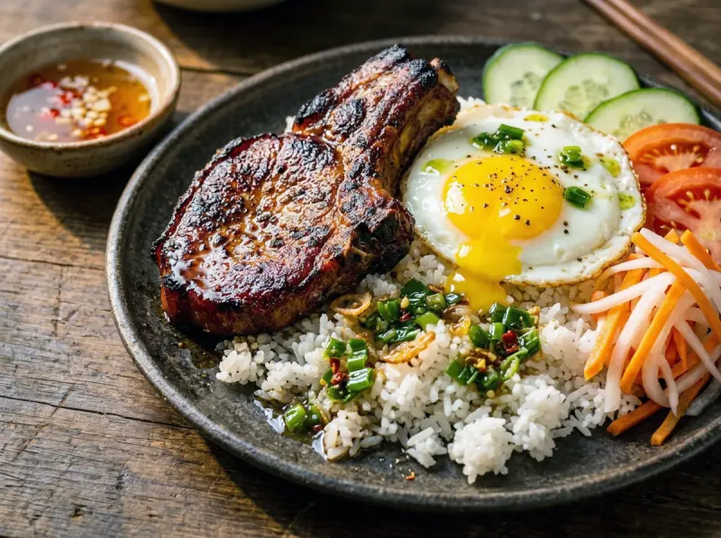 Cơm Tấm (Vietnamese Broken Rice) with broken rice, pork chops and fish sauce — Vietnam recipe