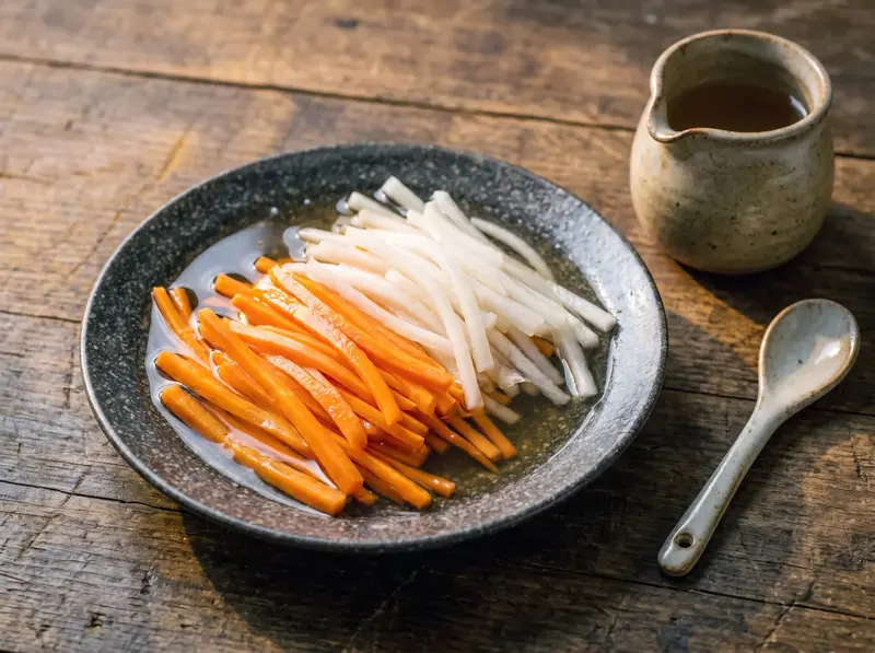 Carota e daikon a julienne in marinatura nell'aceto di riso dolce