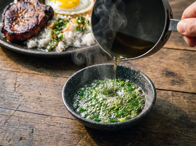 Olio caldo versato sul verde dei cipollotti affettato in una ciotola per preparare l'olio di cipollotto del cơm tấm