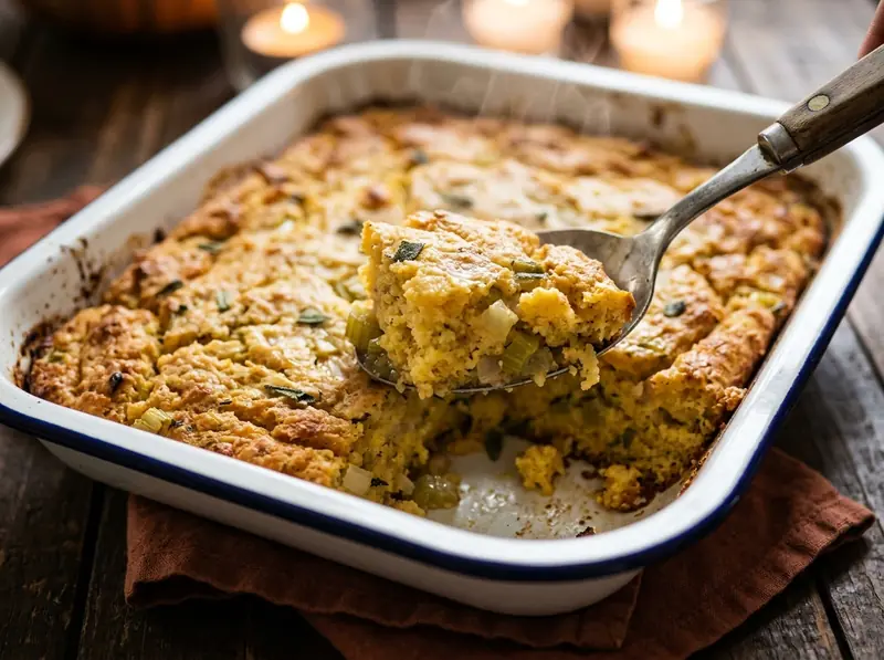 Relleno de pan de maíz (cornbread stuffing) para Acción de Gracias: apio, cebolla, huevos — EE. UU. · receta