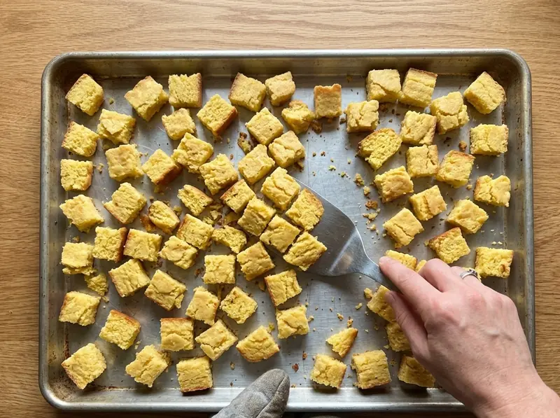 Cubos de pan de maíz para el relleno secándose en una bandeja de horno y removidos con una espátula metálica
