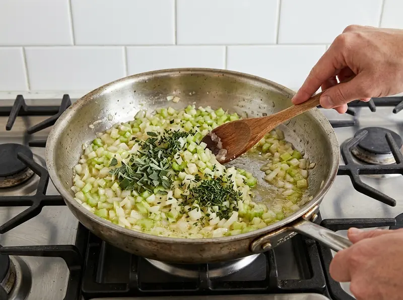 Cebolla y apio en dados para el relleno de pan de maíz, ablandándose en mantequilla en una sartén con salvia y tomillo