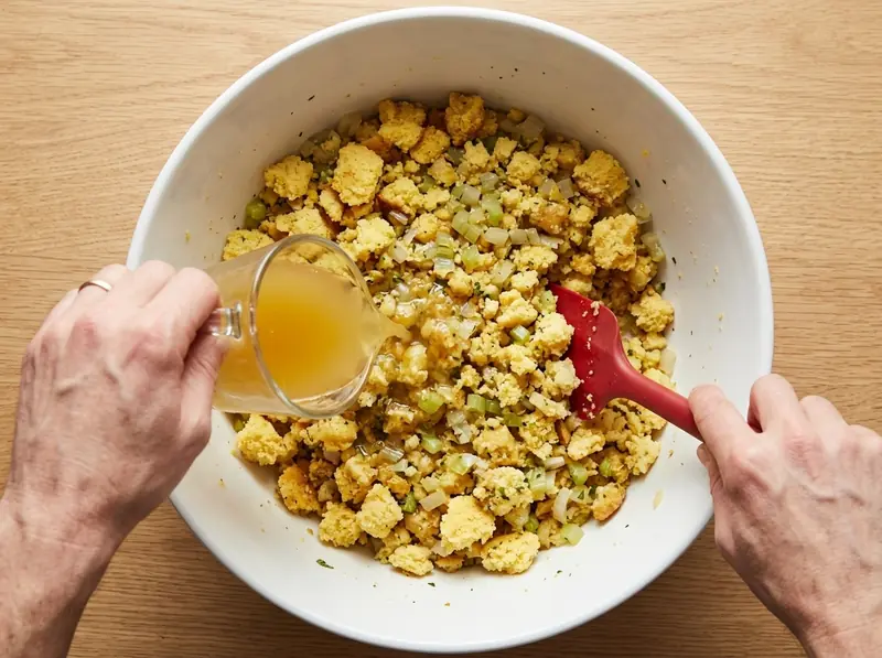 Caldo de pollo vertido desde una jarra sobre el relleno de pan de maíz en un bol grande mientras se integra con espátula