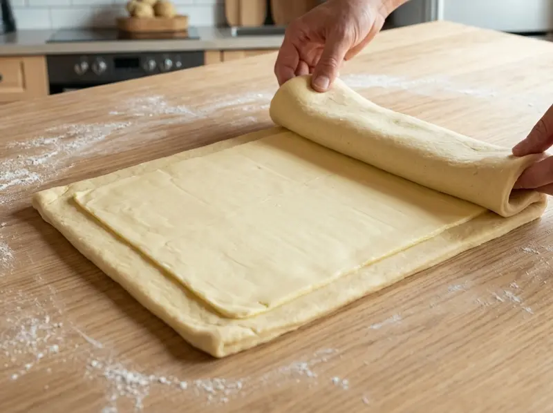 Due mani ripiegano il terzo superiore dell'impasto sul panetto di burro freddo, steso piatto, chiudendo il burro dei cornetti