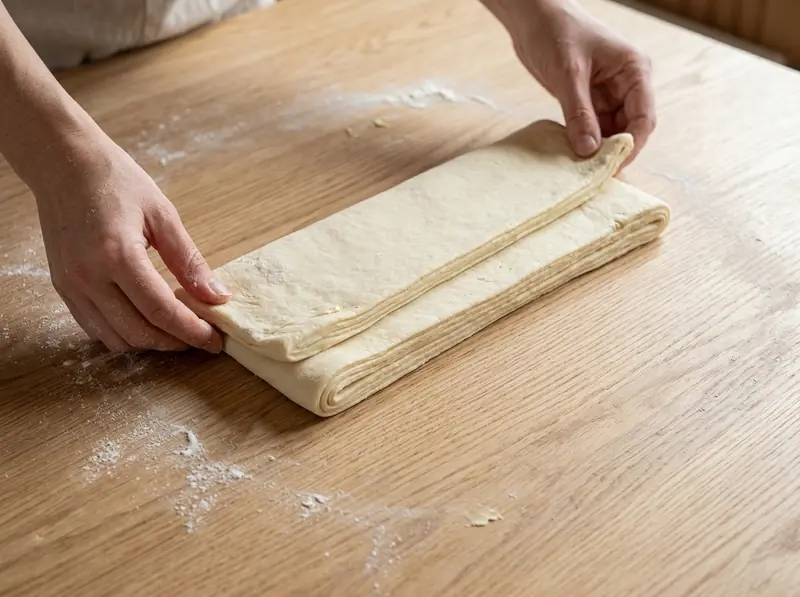 Impasto sfogliato per cornetti steso e piegato in tre come una lettera da due mani su un tavolo infarinato