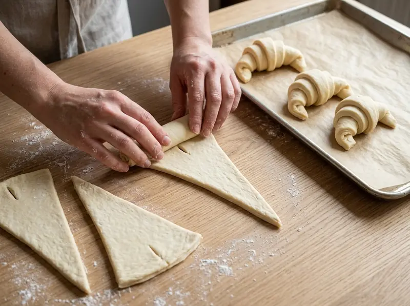 Triangolo di impasto con un taglio alla base, arrotolato dalla base; accanto sulla teglia, cornetti già formati a mezzaluna