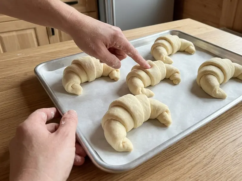 Cornetti gonfi dopo la lievitazione, crudi, su una teglia; un dito infarinato ne preme uno piano per provare la lievitazione