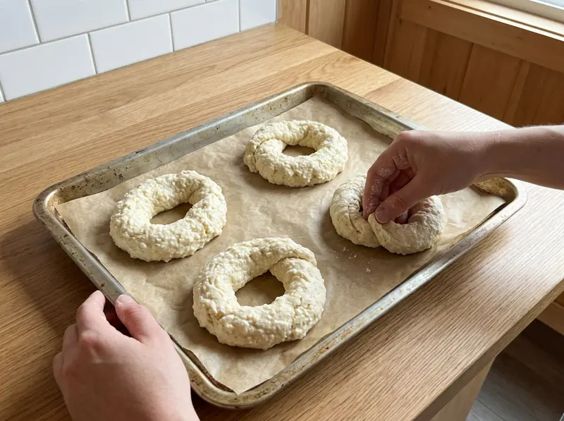 Bagel proteici ai fiocchi di latte: quattro filoncini di impasto chiusi ad anello su una teglia con carta forno