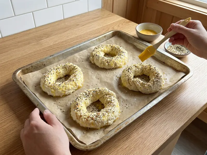 Bagel proteici ai fiocchi di latte: anelli di impasto spennellati col tuorlo e cosparsi di mix per bagel
