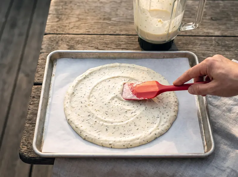 Piadina di fiocchi di latte: la spatola stende l'impasto frullato in un disco sottile sulla carta forno