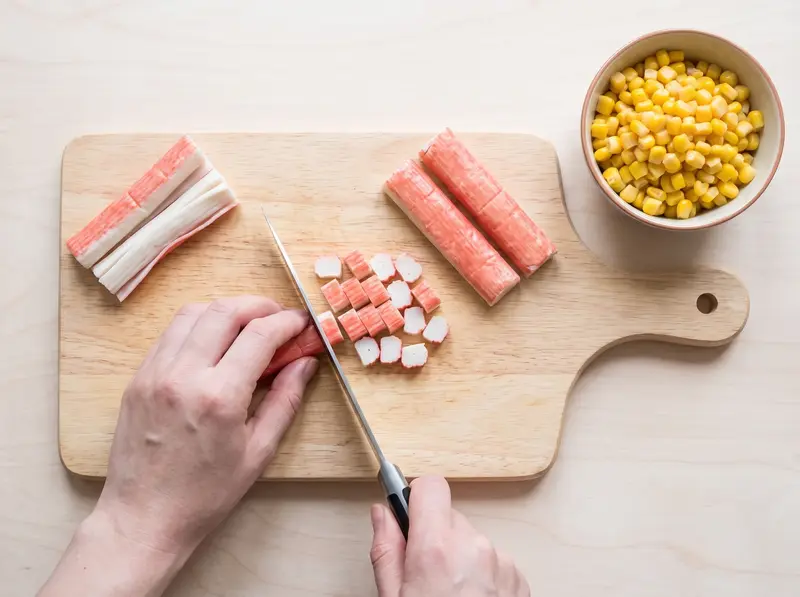 Crab sticks diced on a board beside a bowl of drained sweetcorn