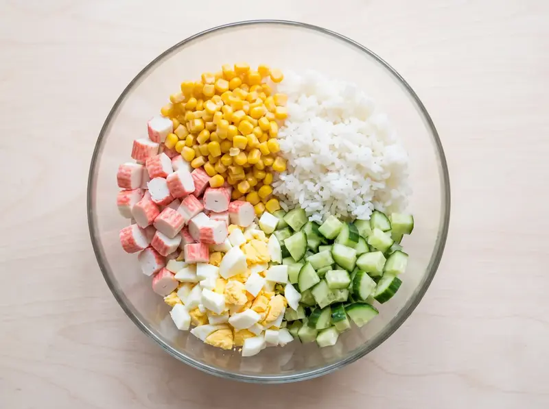 Crab sticks, corn, rice, egg and cucumber in a glass bowl before mixing