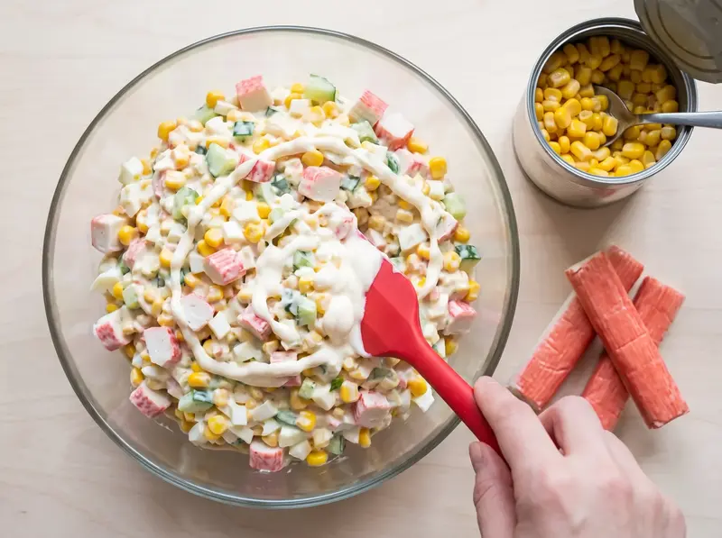 Mayonnaise folded through crab stick salad with a spatula