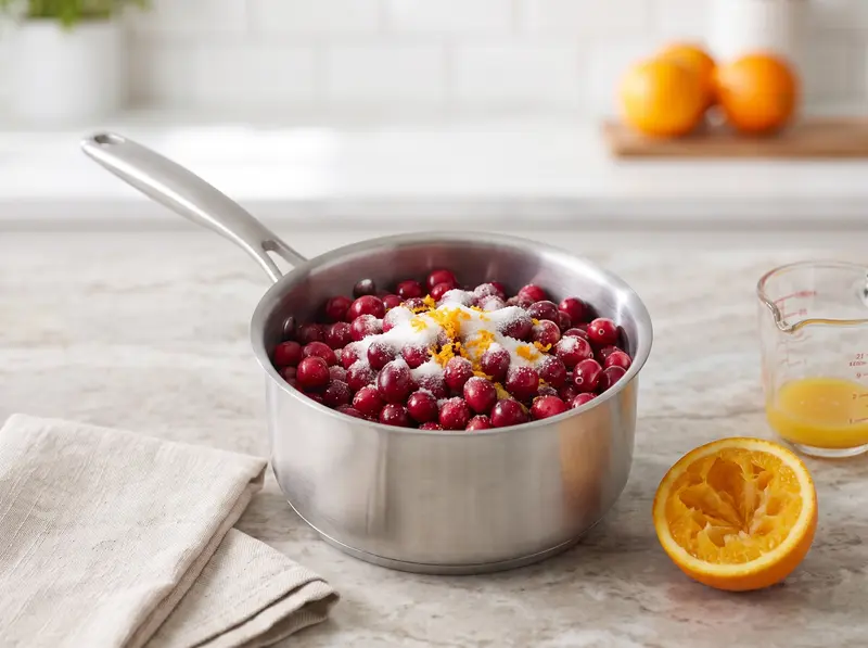 Fresh cranberries, sugar and orange juice in a steel saucepan on a kitchen counter, ready for cranberry sauce