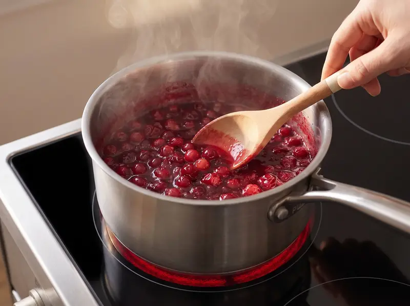Cranberry sauce simmering in a saucepan, burst berries in ruby syrup, a wooden spoon leaving a track on the bottom