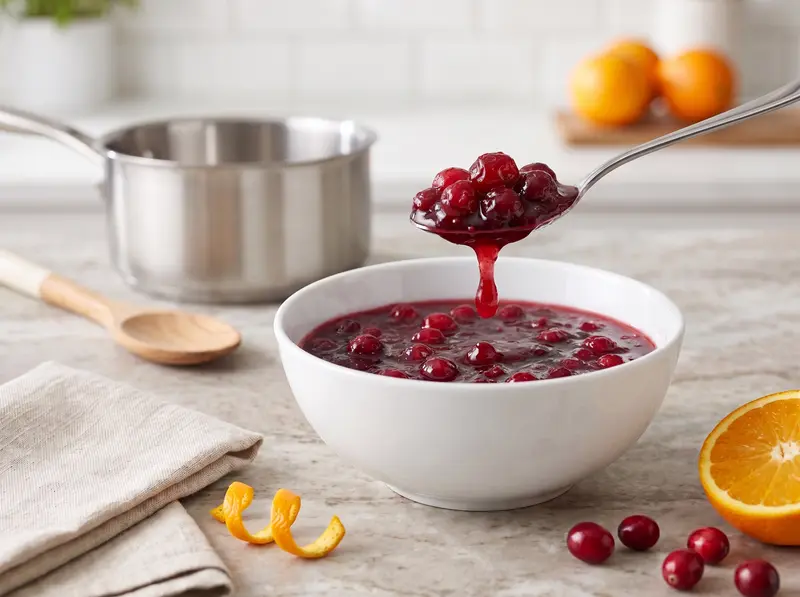 Finished cranberry sauce cooled in a white bowl with a spoon lifting glossy whole-berry sauce