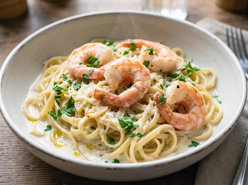Creamy Garlic Shrimp Pasta with large shrimp, linguine or spaghetti and garlic — USA recipe