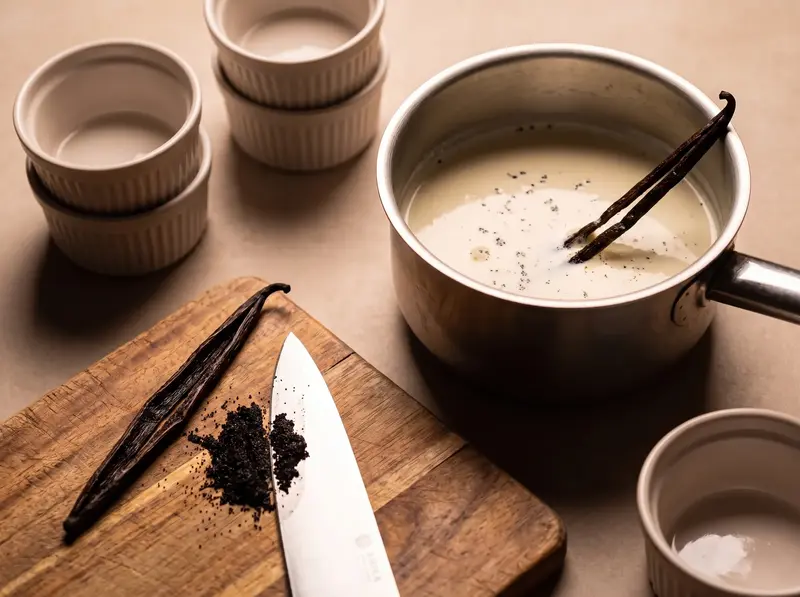 Vanilla seeds scraped from a split pod for crème brûlée, beside a pan of cream already flecked with black.