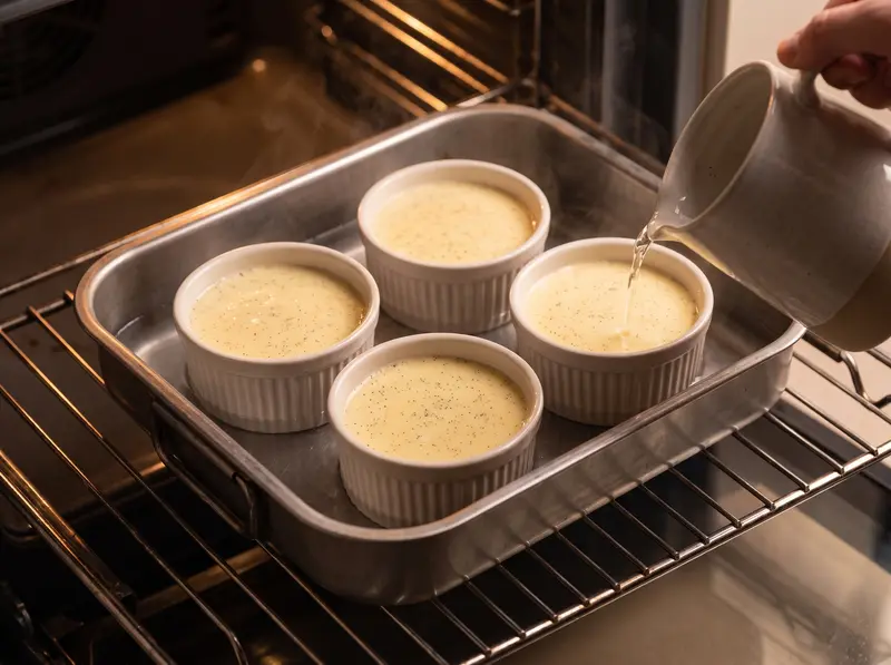 Four crème brûlée ramekins in a roasting tin on the oven rack as boiling water is poured halfway up the sides.