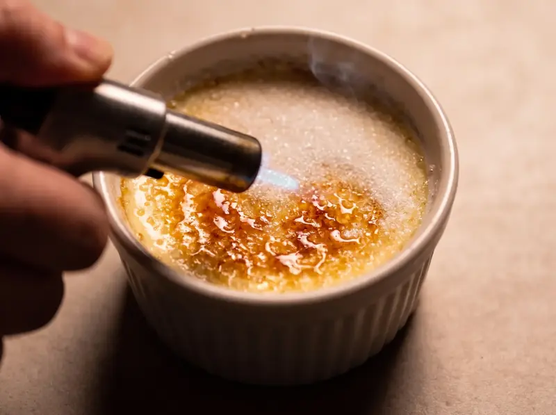A blowtorch melting sugar on chilled crème brûlée: half the top is glassy amber, half still white sugar.