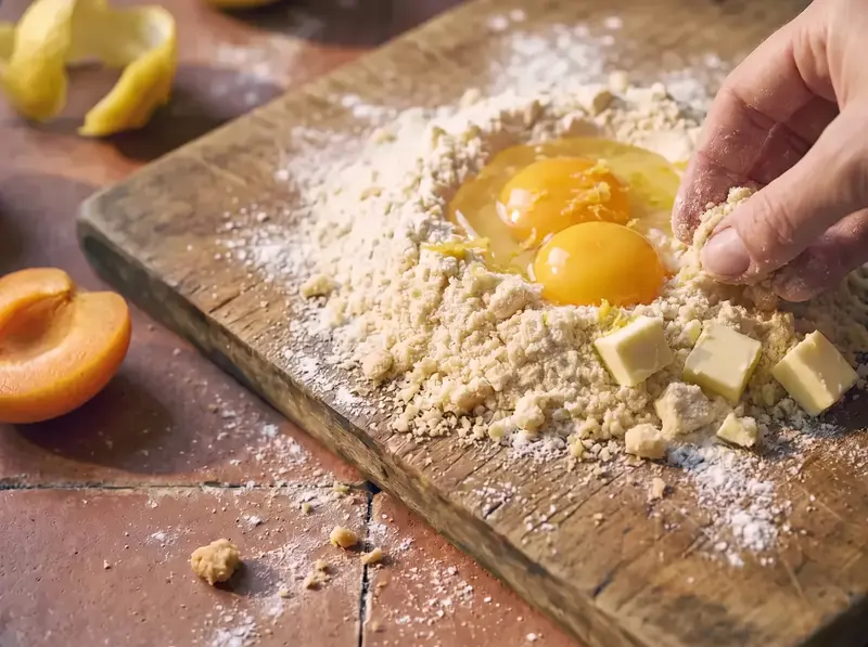 Farina e burro freddo sabbiati per la frolla della crostata, con un uovo intero, un tuorlo e scorza di limone al centro