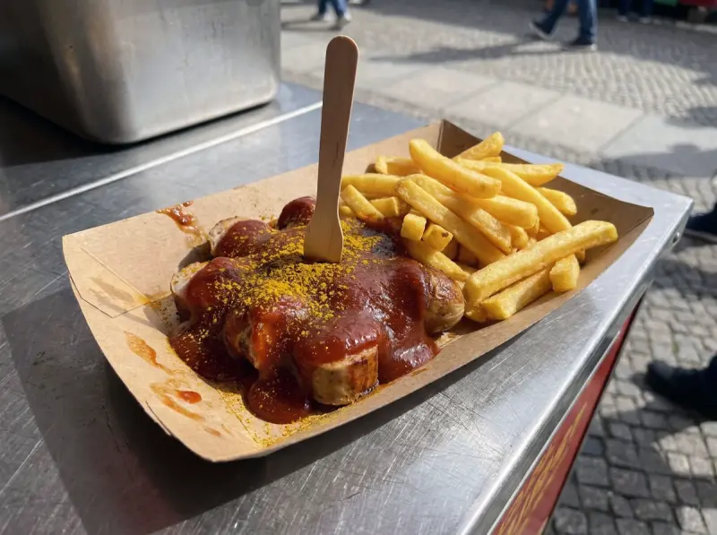 Currywurst with bratwurst, tomato paste and curry powder — Germany recipe