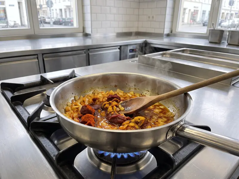 Tomato paste, smoked paprika and curry powder fry with softened onion in the pan until the paste darkens