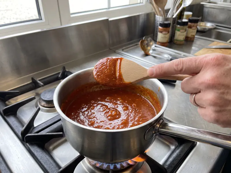 The thickened curry sauce coats the back of the wooden spoon evenly, deep red-orange and glossy